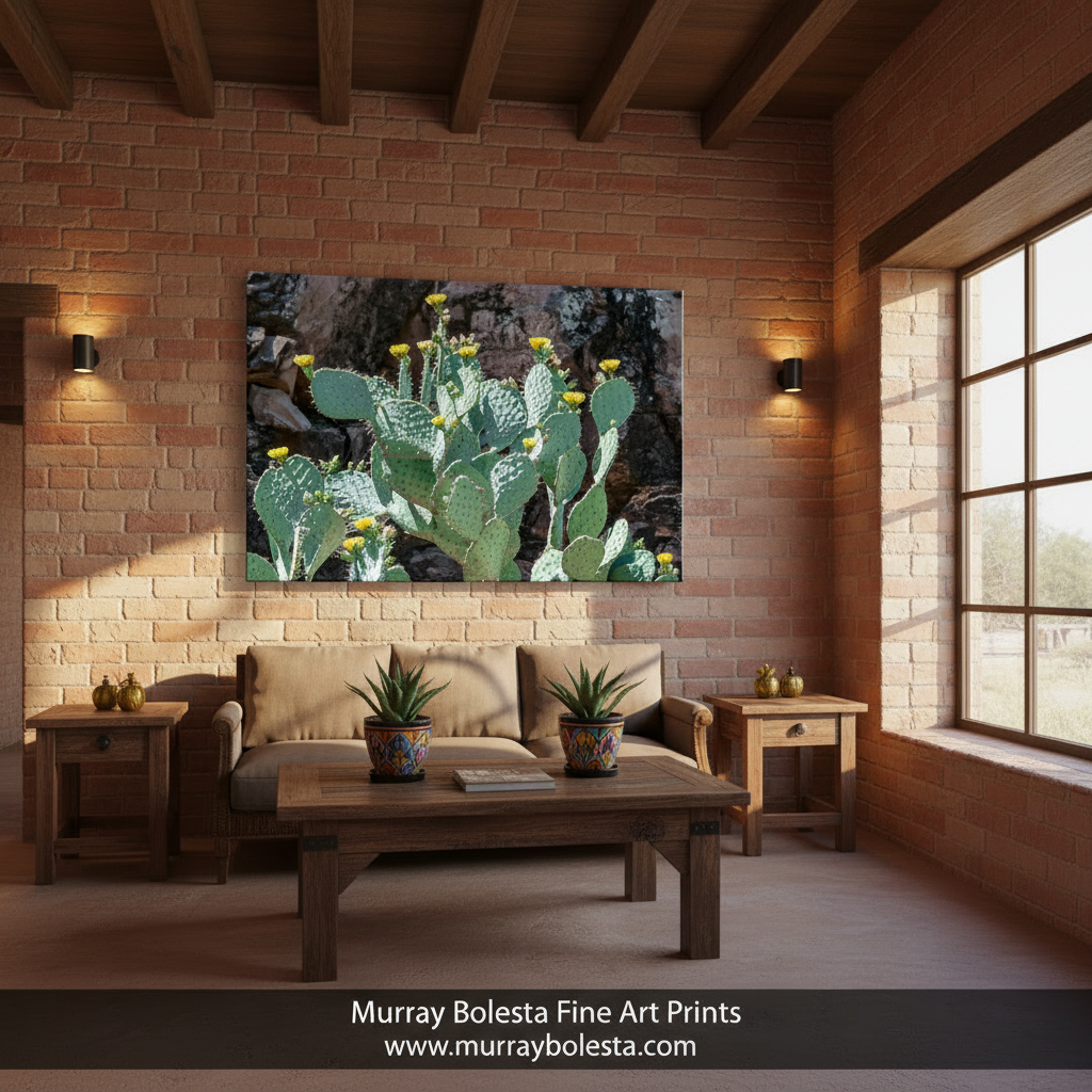 A close-up view of a group of cacti with yellow flowers blooming on them, set against a rocky background. Prickly Pear Cactus Flowers - Desert Canyon Wall Art Print Gift by Murray Bolesta