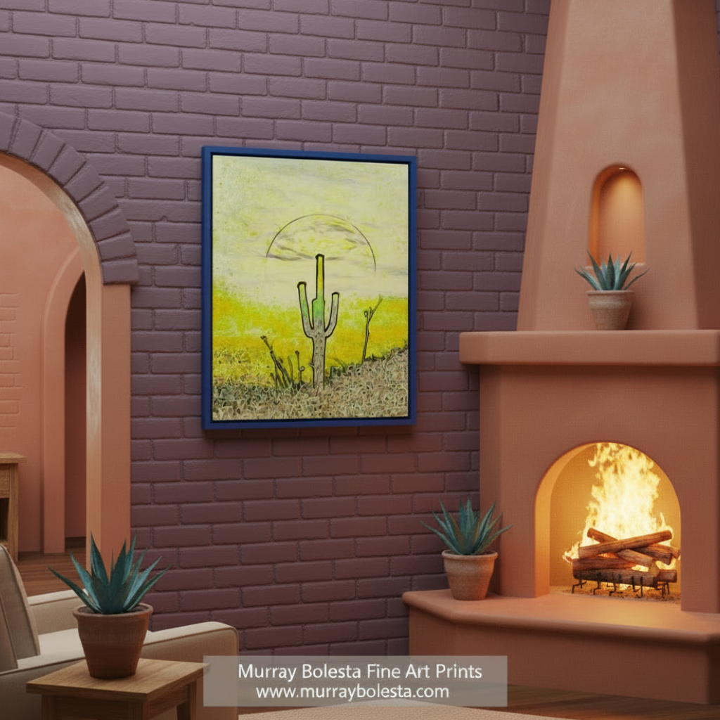 A digital illustration of a cactus in a desert landscape, with a yellow and green color scheme. Cactus Art with Psychedelic Desert Sunset | Tucson Arizona Print by Murray Bolesta