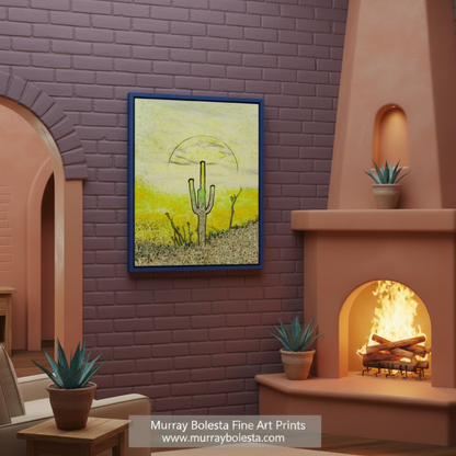 A digital illustration of a cactus in a desert landscape, with a yellow and green color scheme. Cactus Art with Psychedelic Desert Sunset | Tucson Arizona Print by Murray Bolesta