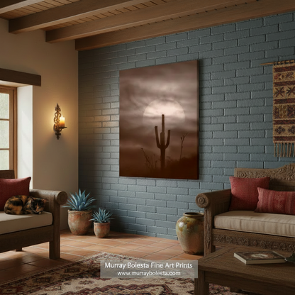 A silhouetted cactus stands against a cloudy sky, with the sun partially obscured by the clouds. Desert Cactus Sunset as Southwest Design | Tucson Landscape Art by Murray Bolesta