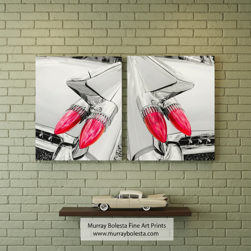 The image is a black and white photograph of a car with two red tail lights. Classic 1959 Cadillac Tail Fins Art – Set of 2 Wall Prints by Murray Bolesta