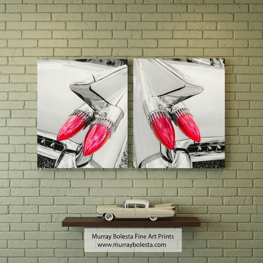 The image is a black and white photograph of a car with two red tail lights. Classic 1959 Cadillac Tail Fins Art – Set of 2 Wall Prints by Murray Bolesta