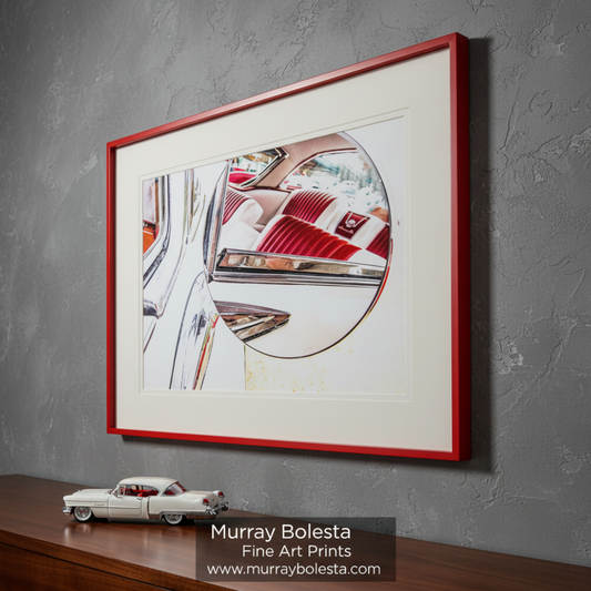 The image is a close-up of a classic car, showcasing its chrome accents and red interior. Vintage 1955 Cadillac Red & White Abstract Art Print Gift by Murray Bolesta