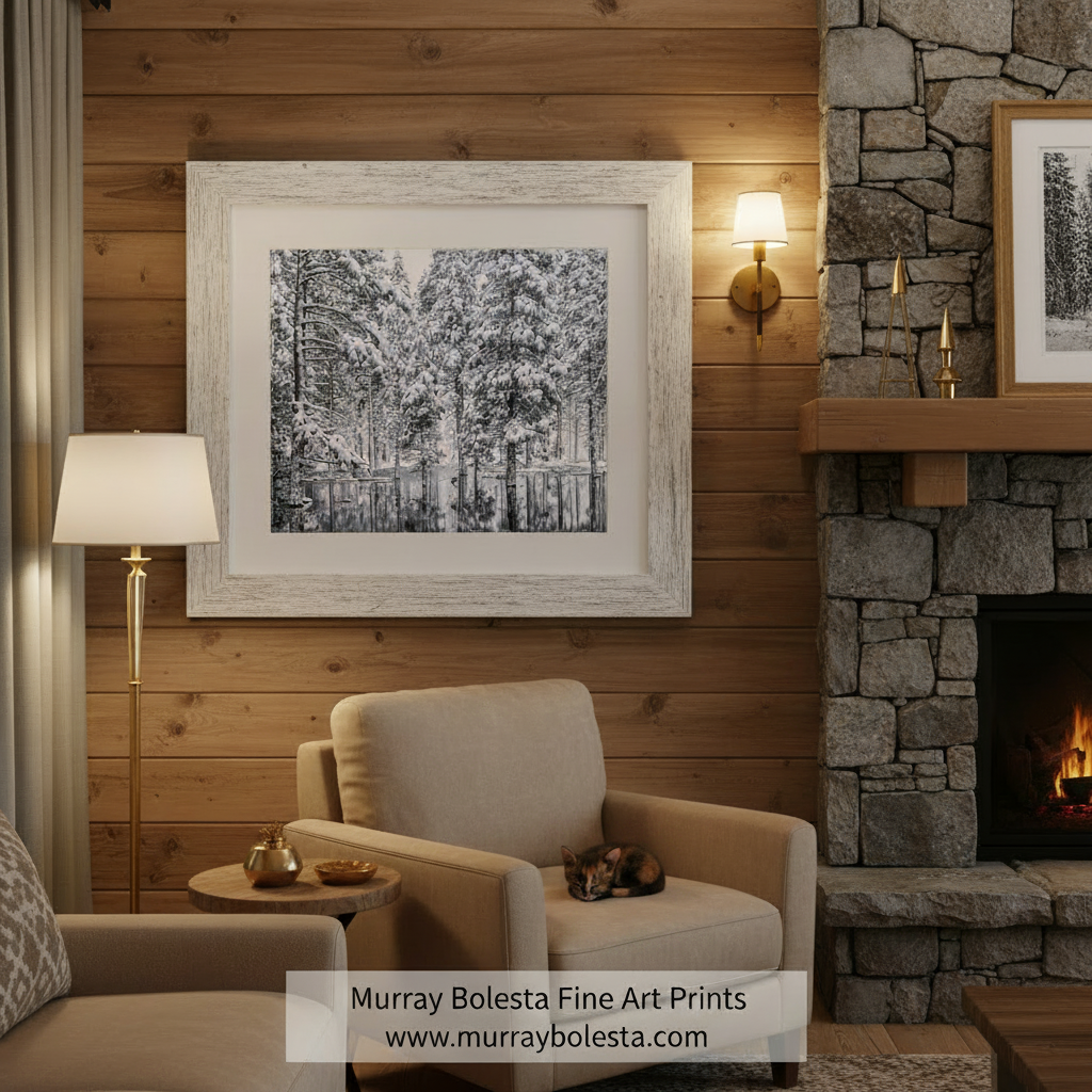 A serene, snow-covered forest with tall trees and a calm body of water in the foreground.Winter Water Bird Flying Duck Art | Snowy Forest Landscape Print by Murray Bolesta