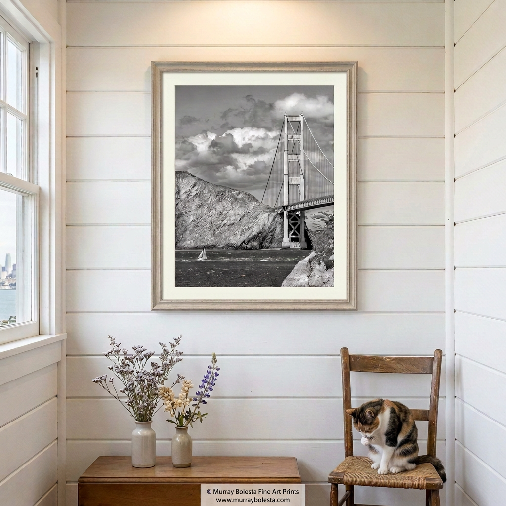 Golden Gate sailing art in black and white by Murray Bolesta!