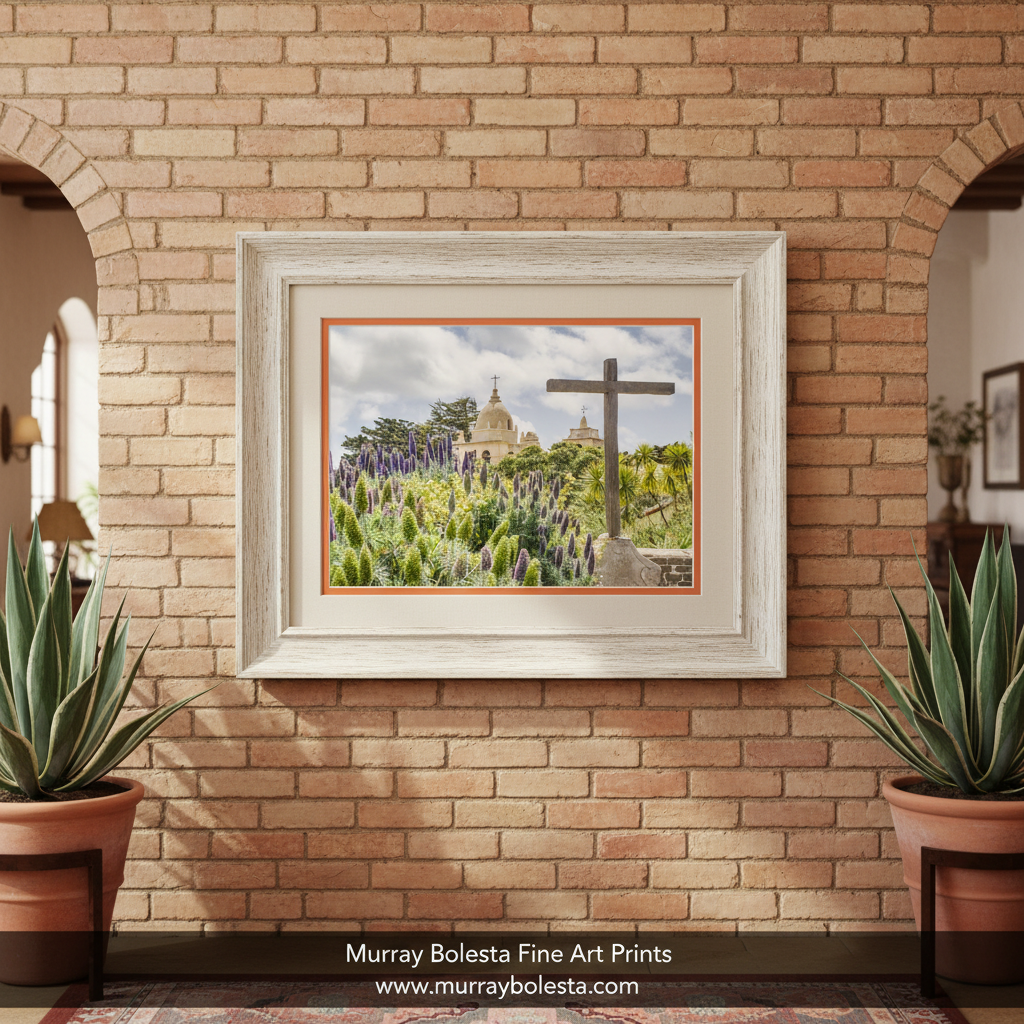 a cross standing in a garden with a large white building with a dome in the background. Carmel Mission Spring Blooms – Spanish Mission Garden Art Print Photo by Murray Bolesta