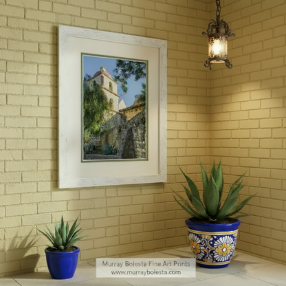 a historic bell tower with a red roof, surrounded by lush greenery and a stone wall. Mission Santa Barbara Art - California Historic Church Print by Murray Bolesta