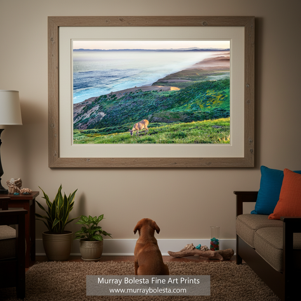 A lone deer grazes on a grassy hillside overlooking a vast ocean, with a hazy horizon in the distance. Point Reyes Wild Deer Coast Art | Marin County Wildlife Print by Murray Bolesta!