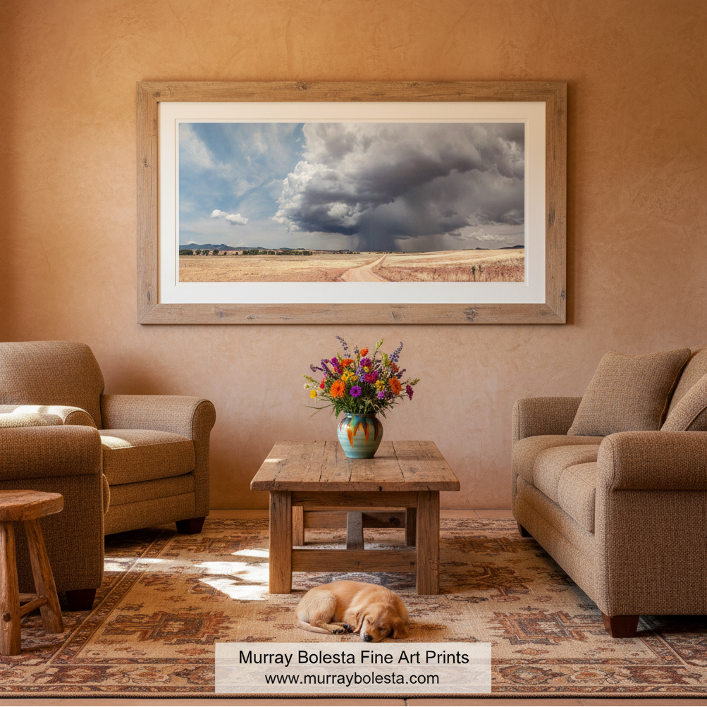 A panoramic view of a rural landscape with a dirt road leading through a field of dry grass, with a large, ominous storm cloud looming in the distance. Southern Arizona Prairie Storm Art Print - Canelo Hills Country Roads Landscape by Murray Bolesta