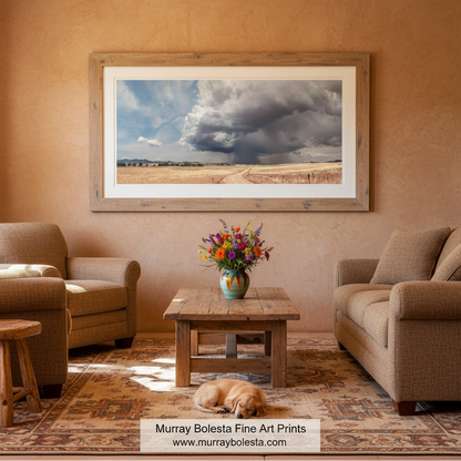 A panoramic view of a rural landscape with a dirt road leading through a field of dry grass, with a large, ominous storm cloud looming in the distance. Southern Arizona Prairie Storm Art Print - Canelo Hills Country Roads Landscape by Murray Bolesta