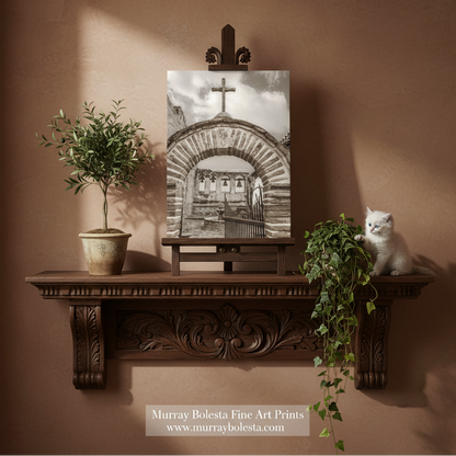 Capistrano Mission by Murray Bolesta. A sepia art print of a cathedral archway with a cross, displayed on a wooden easel on a dark brown carved mantelpiece. The scene is styled with a potted olive tree on the left and a white cat sitting on the mantel on the right, all against a textured warm brown wall.