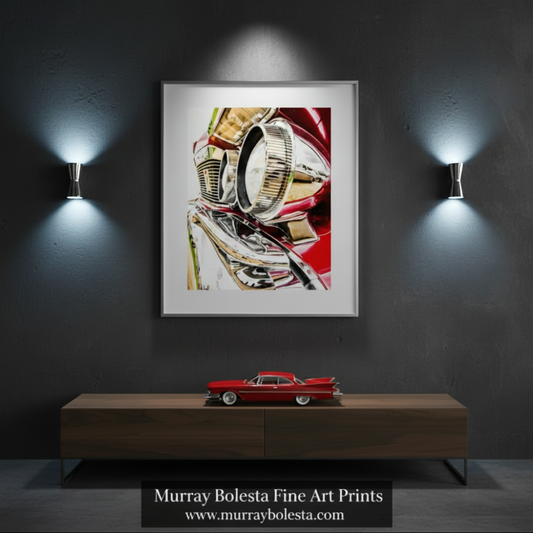 A close-up view of the front end of a red car, focusing on the headlights and grille. Chrysler Imperial Car Art Print as Vintage Wall Decor by Murray Bolesta