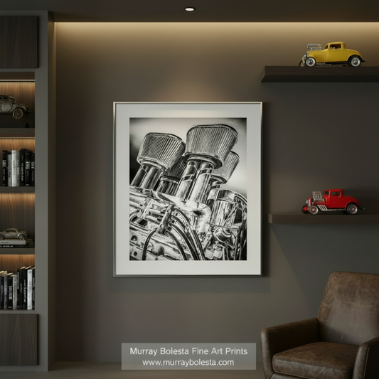 A black and white image depicting a complex mechanical device with multiple components, including pipes and cylinders, arranged in a visually striking manner. Vintage Black & White Hot Rod Muscle Car Art Print by Murray Bolesta