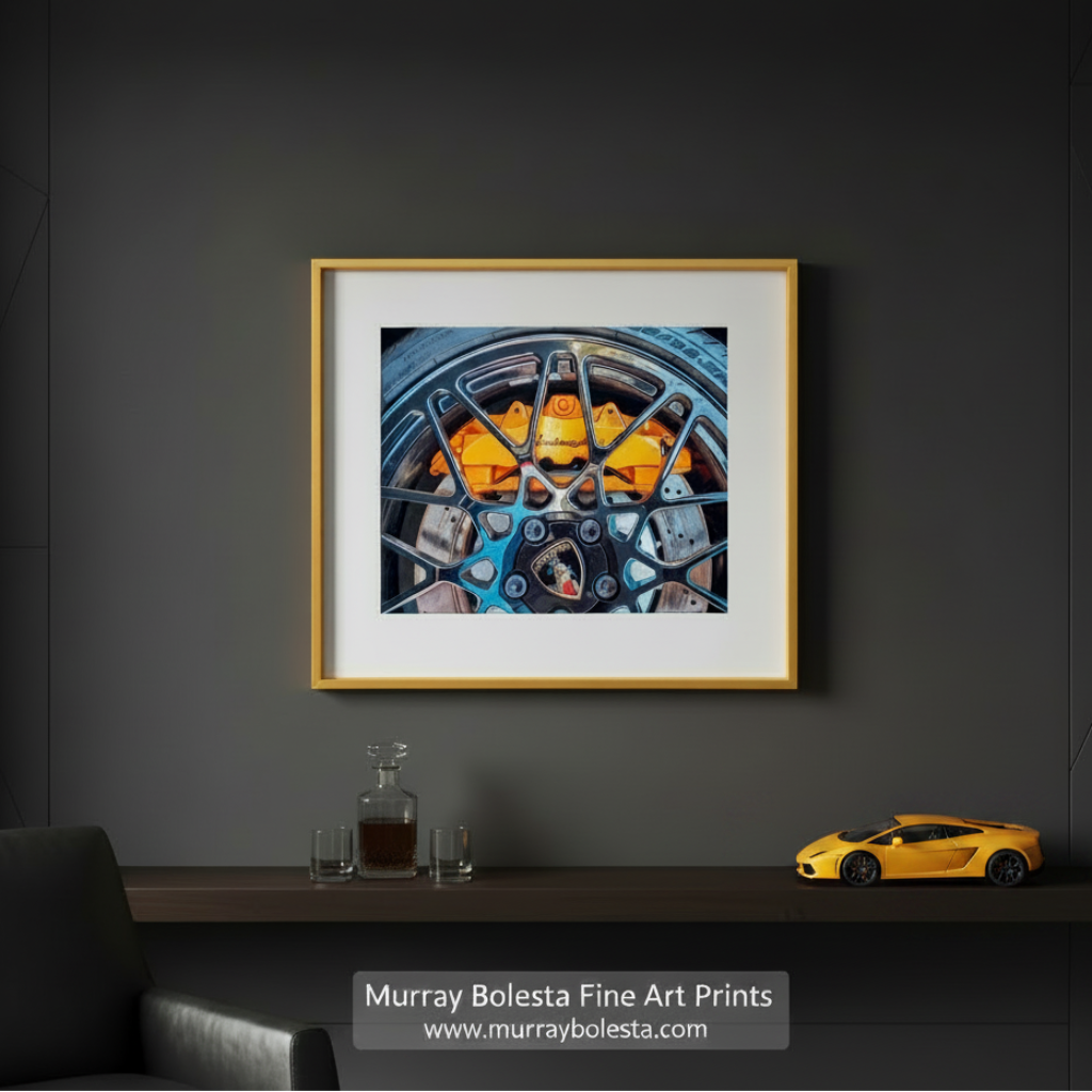 a close-up view of a black Lamborghini wheel with a distinctive orange brake caliper. amborghini Automotive Art – Italian Supercar Sports Car by Murray Bolesta