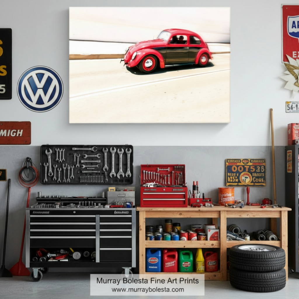 A red vintage Volkswagen Beetle car is captured in motion on a highway, with a blurred background. Vintage VW Beetle Car Photo | Automotive Art Print in Motion by Murray Bolesta