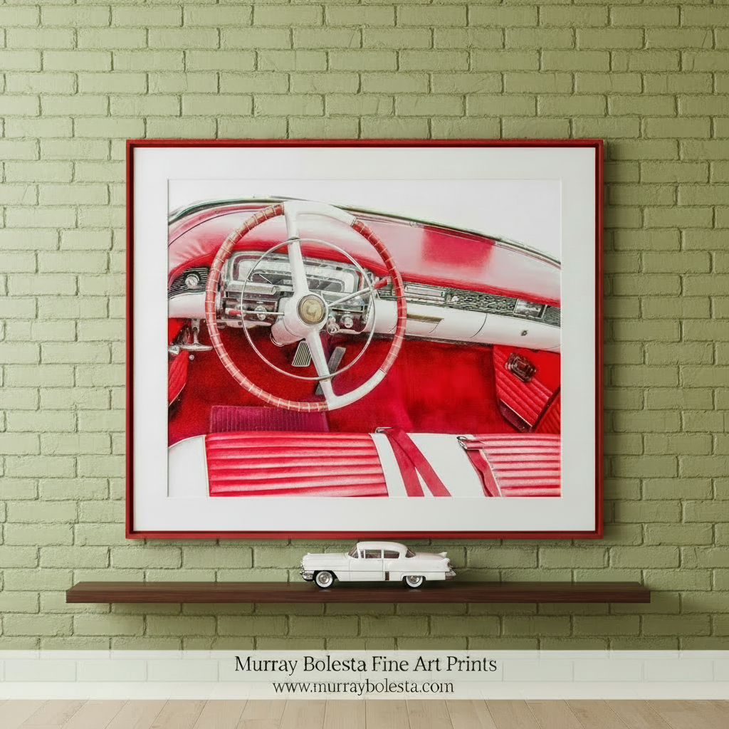 the interior of a classic red and white car, featuring a steering wheel, dashboard, and red leather seats. Vintage Red Cadillac Automobile Wall Art Print | Car Lover Gift by Murray Bolesta