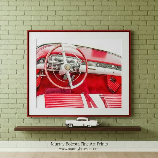 the interior of a classic red and white car, featuring a steering wheel, dashboard, and red leather seats. Vintage Red Cadillac Automobile Wall Art Print | Car Lover Gift by Murray Bolesta