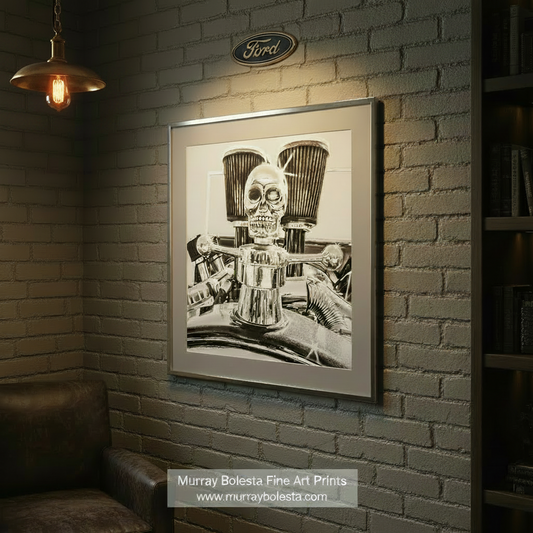 A close-up black and white image of a chrome or metallic object, possibly a part of a vehicle, with a skull-shaped ornament or emblem prominently displayed. Ford Model T Hot Rod Art – Square Format Black & White by Murray Bolesta