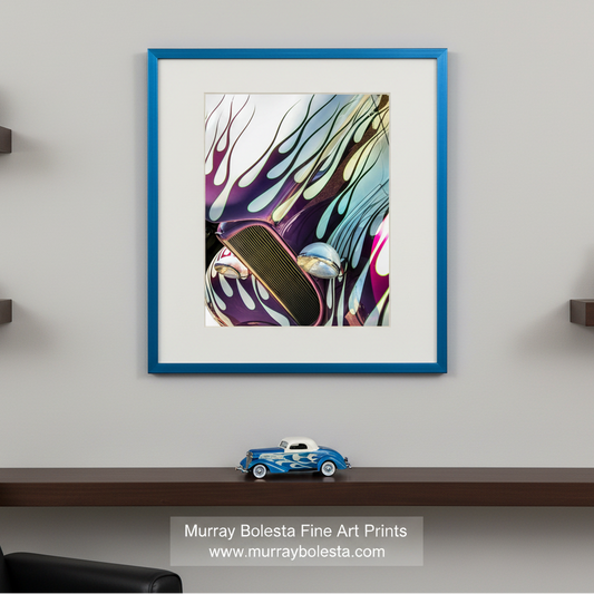 Hot Rod Muscle Car with Blue Hood Flames as Wall Decor