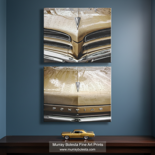 The image is a collage of two photos featuring the front of a Pontiac car, with the car's hood and grill prominently displayed. Vintage 1966 Pontiac Ventura Car Art Set of 2 Prints by Murray Bolesta