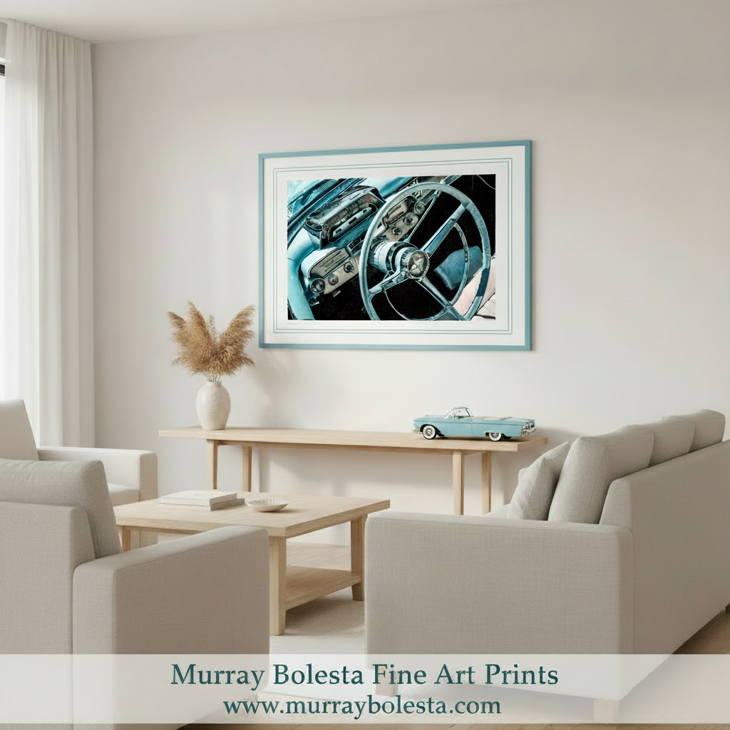 Close-up of a classic car's steering wheel and dashboard on a canvas print, ready to hang. Car art by Murray Bolesta