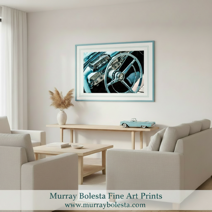 Close-up of a classic car's steering wheel and dashboard on a canvas print, ready to hang. Car art by Murray Bolesta