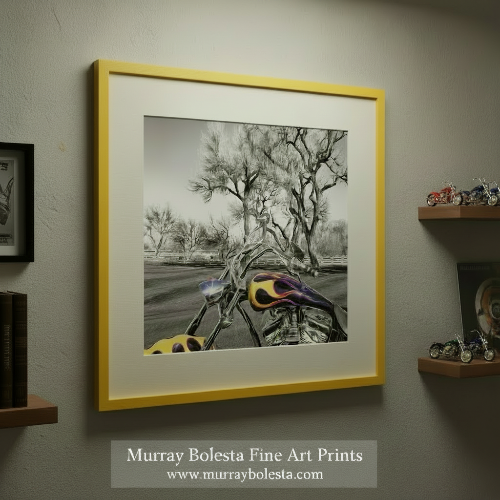 A black and white photograph of a motorcycle with colorful flames on the gas tank, set against a backdrop of bare trees and a fence. Motorcycle Art Print – Custom Show Bike in Black & White by Murray Bolesta