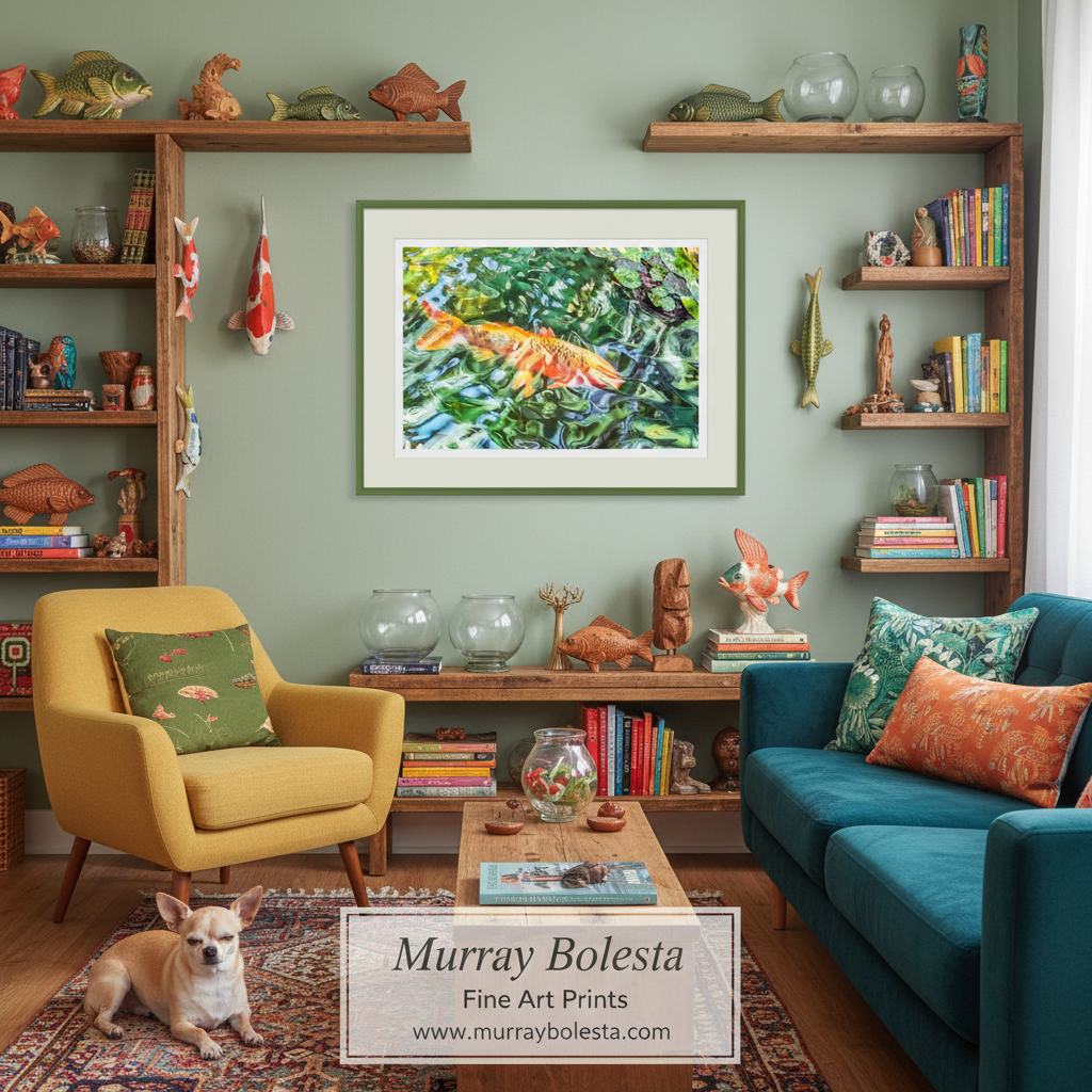 A framed art print featuring a colorful painted scene of orange koi fish swimming in green water, displayed on a sage green wall in a styled living room with a yellow armchair, teal sofa, and wooden shelves.