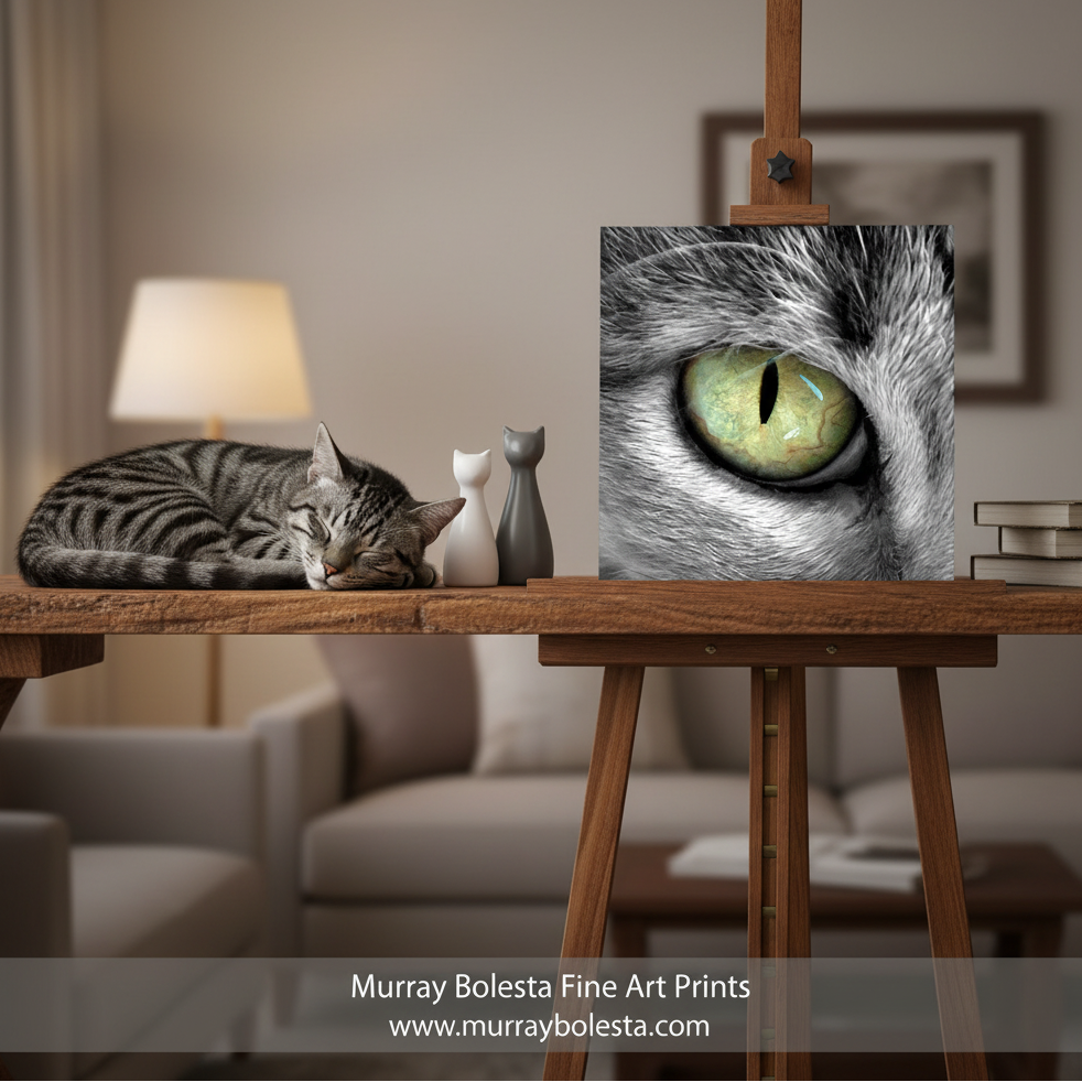 Cat eye by Murray Bolesta! A framed-style art print showing a close-up of a gray cat's eye with a green-yellow iris, displayed on a wooden easel in a softly lit living room. A real cat is curled up asleep on the table beside the easel, and a lamp and sofa are blurred in the background.