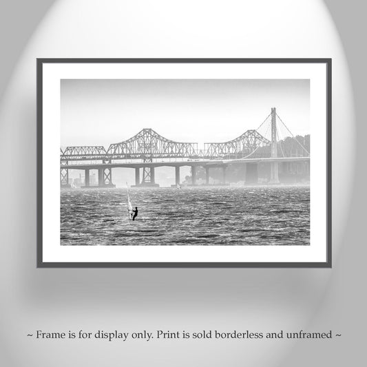 Windsurf Art Print at Oakland Bay Bridge in Black and White