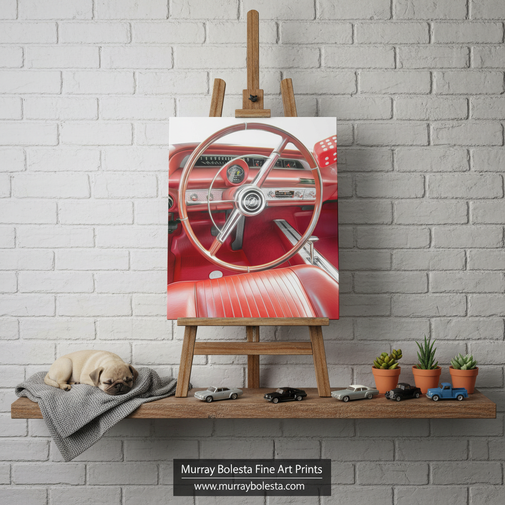 Vintage Chevy car art by Murray Bolesta! A canvas art print depicting a vintage red car steering wheel and dashboard, displayed on a wooden easel against a white brick wall. The scene is styled with a small pug sleeping on a gray blanket on the left, and miniature cars and potted succulents on a wooden shelf to the right.
