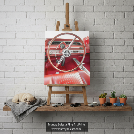 Vintage Chevy car art by Murray Bolesta! A canvas art print depicting a vintage red car steering wheel and dashboard, displayed on a wooden easel against a white brick wall. The scene is styled with a small pug sleeping on a gray blanket on the left, and miniature cars and potted succulents on a wooden shelf to the right.