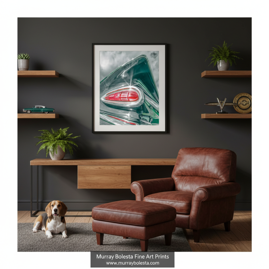 Chevy art by Murray Bolesta! A framed wall art print featuring a close-up of a classic car taillight, displayed in a styled living room mockup above a brown leather armchair and ottoman. The room has a dark charcoal wall, floating wooden shelves, and a small beagle dog sitting on the floor.
