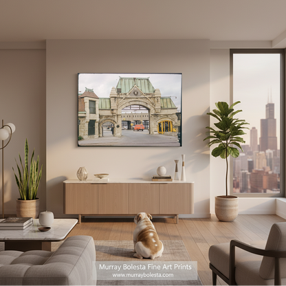 a large, ornate stone archway with a green roof, situated in an urban setting with a street and vehicles visible in the background. Chicago Union Stockyard Gate Art - Vintage Midcentury Photography by Murray Bolesta!