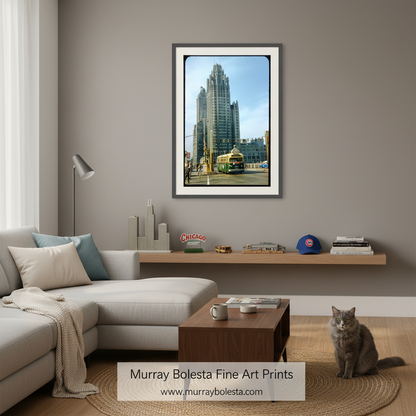 A framed art print of the Chicago skyline, featuring a tower and skyscrapers, displayed on a gray wall in a modern living room setting with a cat on a rug below.