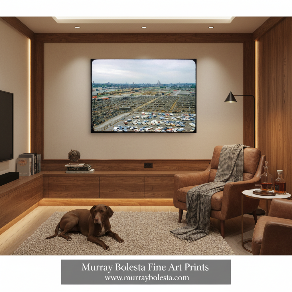 A framed art print depicting an aerial view of a military camp is displayed on a wall in a modern home theater or living room setting with a brown dog on a rug and a leather armchair.