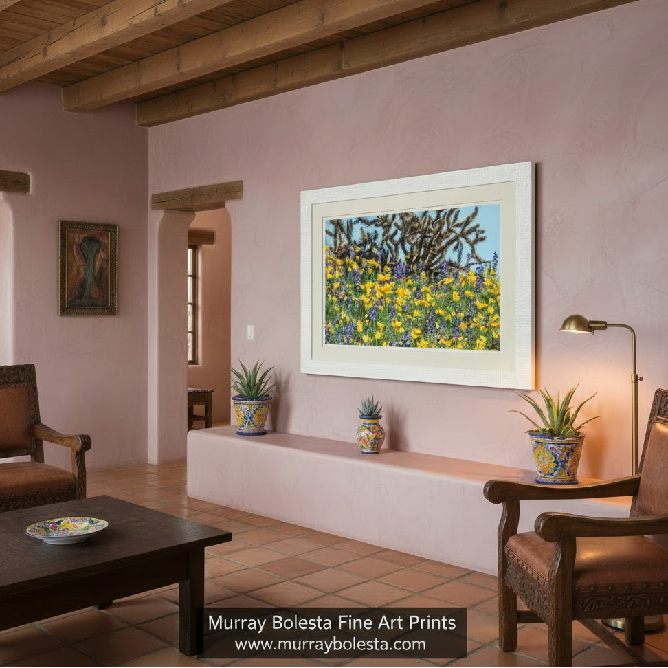 A field of vibrant yellow flowers and blue flowers against a clear blue sky. Yellow Poppy & Cholla Cactus | Picacho Peak Arizona Wall Art by Murray Bolesta