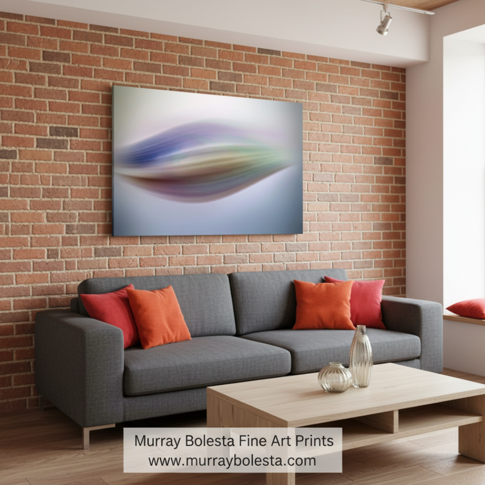 Abstract art piece with wavy color patterns on a white background. Abstract Modern Wall Art in Blue and Green on Framed Canvas by Murray Bolesta
