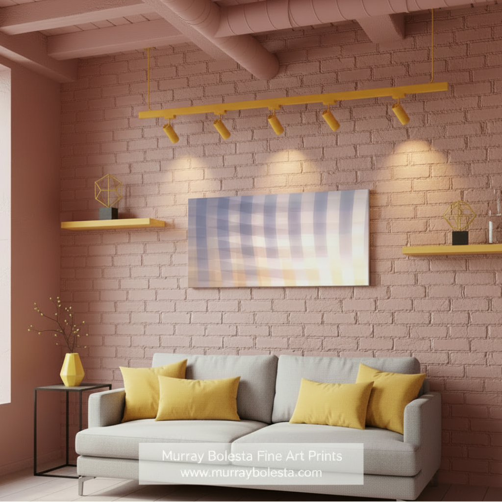 Plaid pattern with a gradient of purple, pink, and yellow on a white background. Contemporary Wide Wall Decor as Pastel Fine Art on Framed Canvas by Murray Bolesta