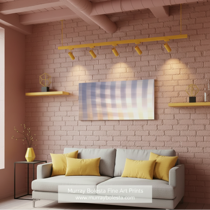 Plaid pattern with a gradient of purple, pink, and yellow on a white background. Contemporary Wide Wall Decor as Pastel Fine Art on Framed Canvas by Murray Bolesta