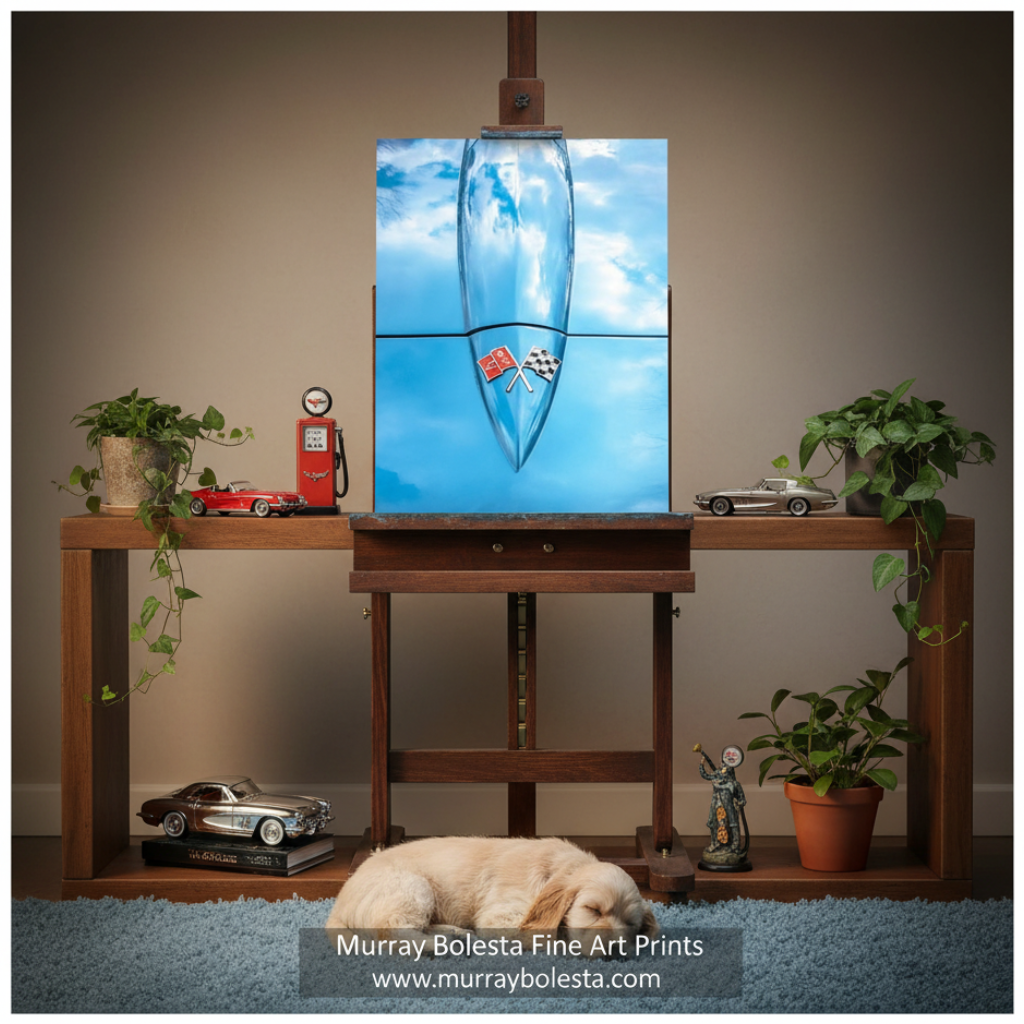 Classic Corvette by Murray Bolesta! A square canvas art print hanging on an easel above a wooden console table. The artwork depicts a blue sky with white clouds and a white airplane.