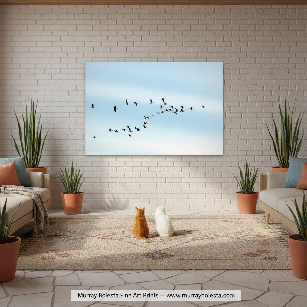 Sandhill Cranes in Arizona by Murray Bolesta! A large canvas wall art print showing a flock of birds flying across a pale blue sky, displayed on a white brick wall in a styled living room with two cats sitting on a rug below.