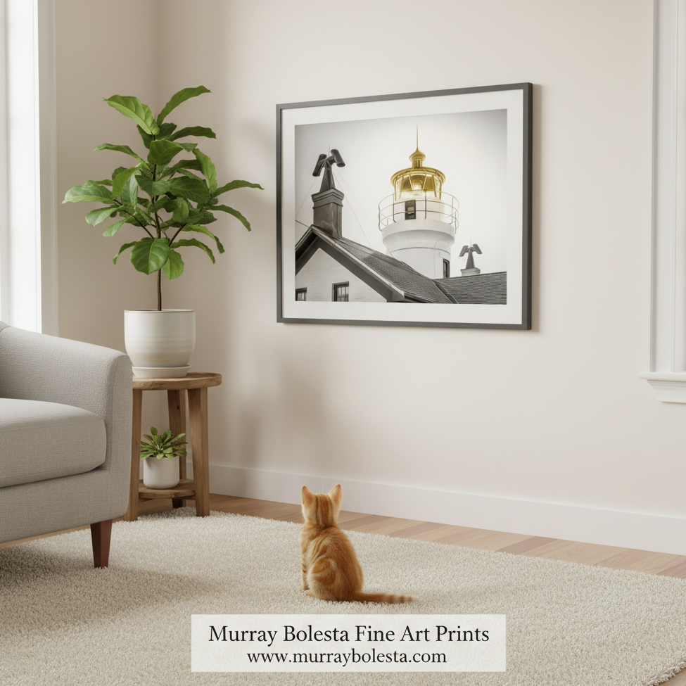 Crescent City California Lighthouse art by Murray Bolesta! A framed black and white art print of a lighthouse hanging on a beige wall in a styled living room. An orange tabby cat sits on a cream rug below the frame, and a potted fiddle-leaf fig and a small side table are to the left.