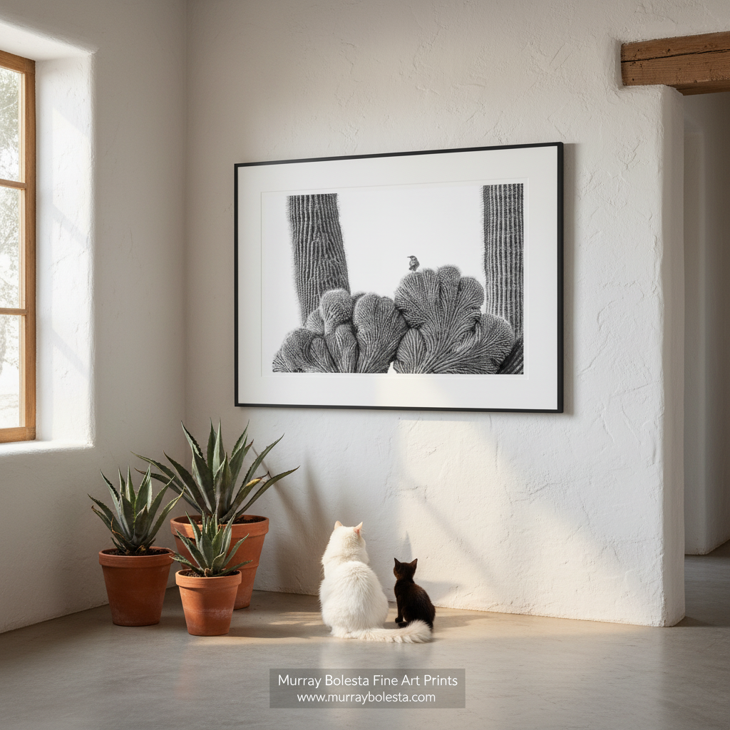 Crested Cactus at Tucson Arizona by Murray Bolesta! A black and white framed art print depicting a cluster of cacti is displayed on a textured white wall in a bright room, with two cats sitting on the floor below and potted plants to the left.