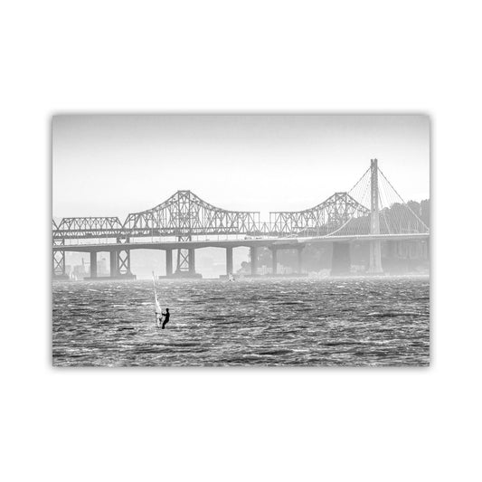 Windsurf Art Print at Oakland Bay Bridge in Black and White