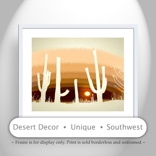 Desert Cactus Art Print with Arizona Landscape Sunset