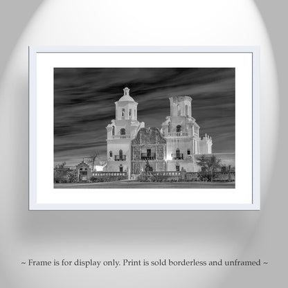 San Xavier Mission at Night – Black and White Tucson Architecture Art