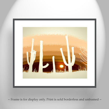 Desert Cactus Art Print with Arizona Landscape Sunset