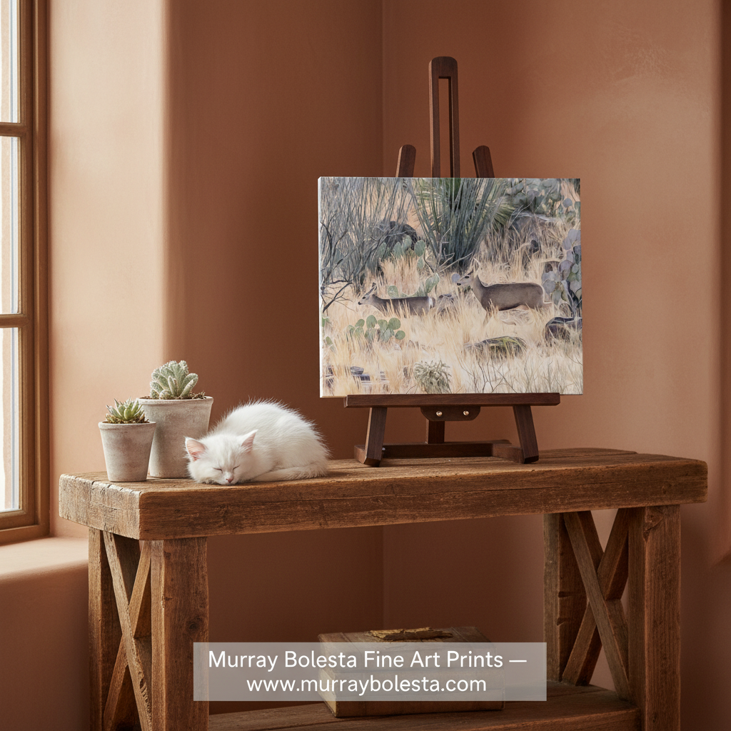 Southern Arizona landscape with mule deer, by Murray Bolesta. A square fine art print showing a desert landscape with deer in dry grass, displayed on a wooden easel atop a rustic wooden table. A white cat sleeps on the table beside small potted succulents.
