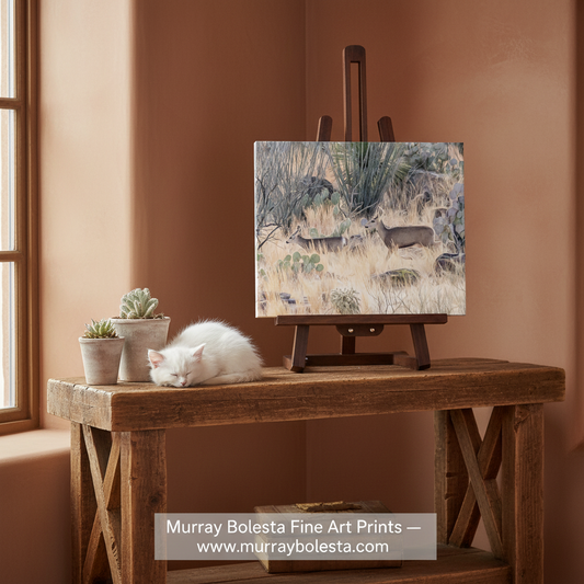 Southern Arizona landscape with mule deer, by Murray Bolesta. A square fine art print showing a desert landscape with deer in dry grass, displayed on a wooden easel atop a rustic wooden table. A white cat sleeps on the table beside small potted succulents.
